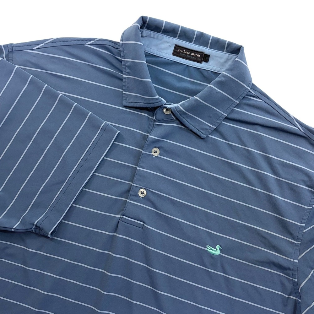 Southern Marsh Mens Blue Striped Performance Golf Polo Shirt Size Medium